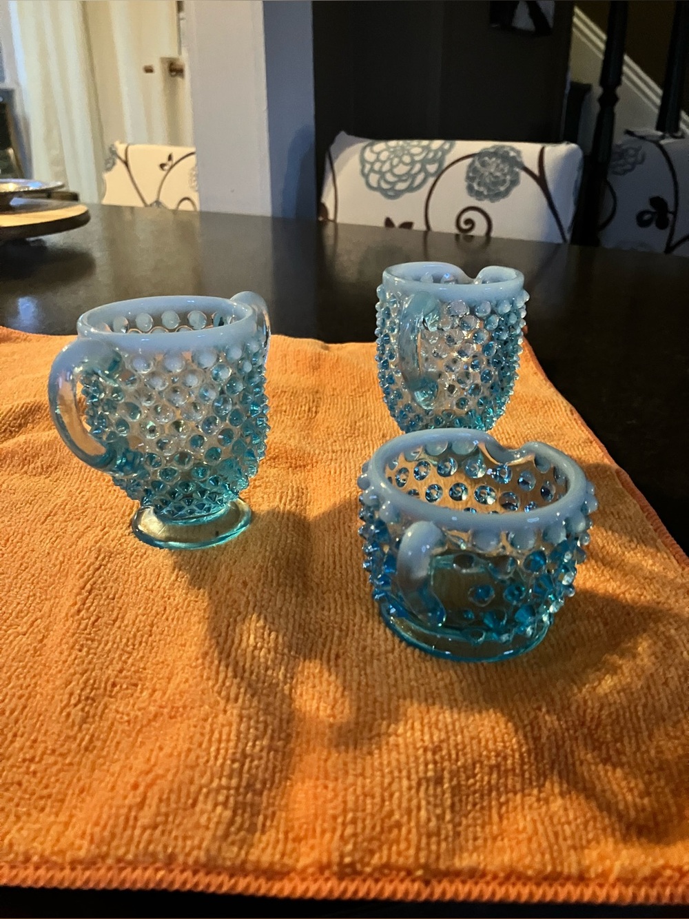 Vintage Fenton Blue Opalescent Hobnail Creamer Sugar 3pc Set Pre-1970 Perfect